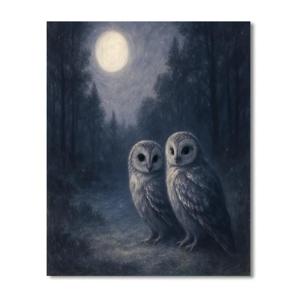 Owls In Moonlit Clearing Painted Scene paint by number
