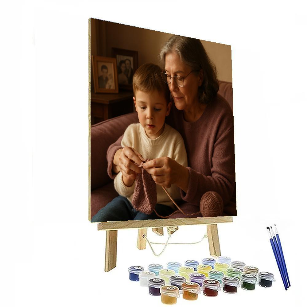 Grandmother Teaching Grandson To Knit Numbered painting kits