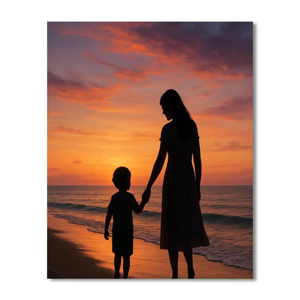 Mother And Child Seaside Sunset Walk Number painting