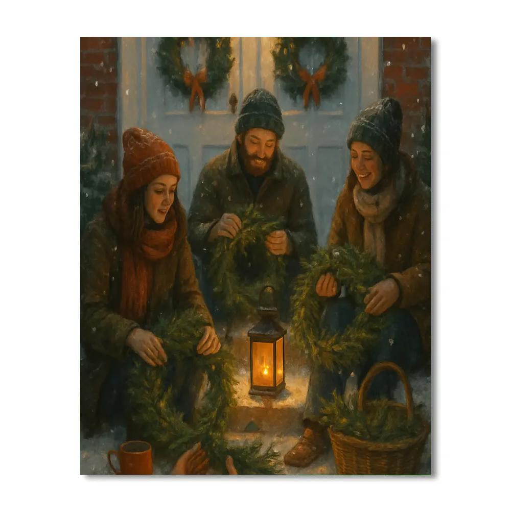Wreath Makers On Snowy Front Steps Numbered painting kits