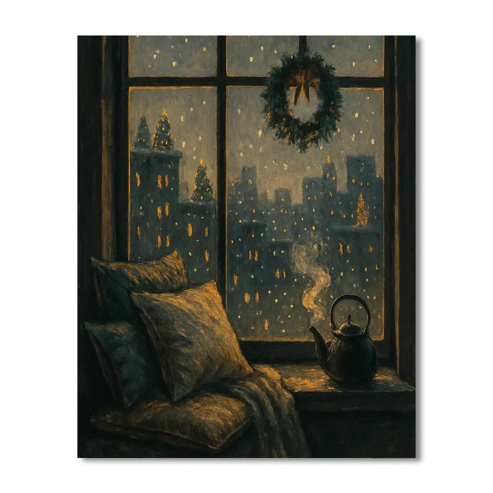 Window Seat Snowy Cityscape DIY paint by numbers