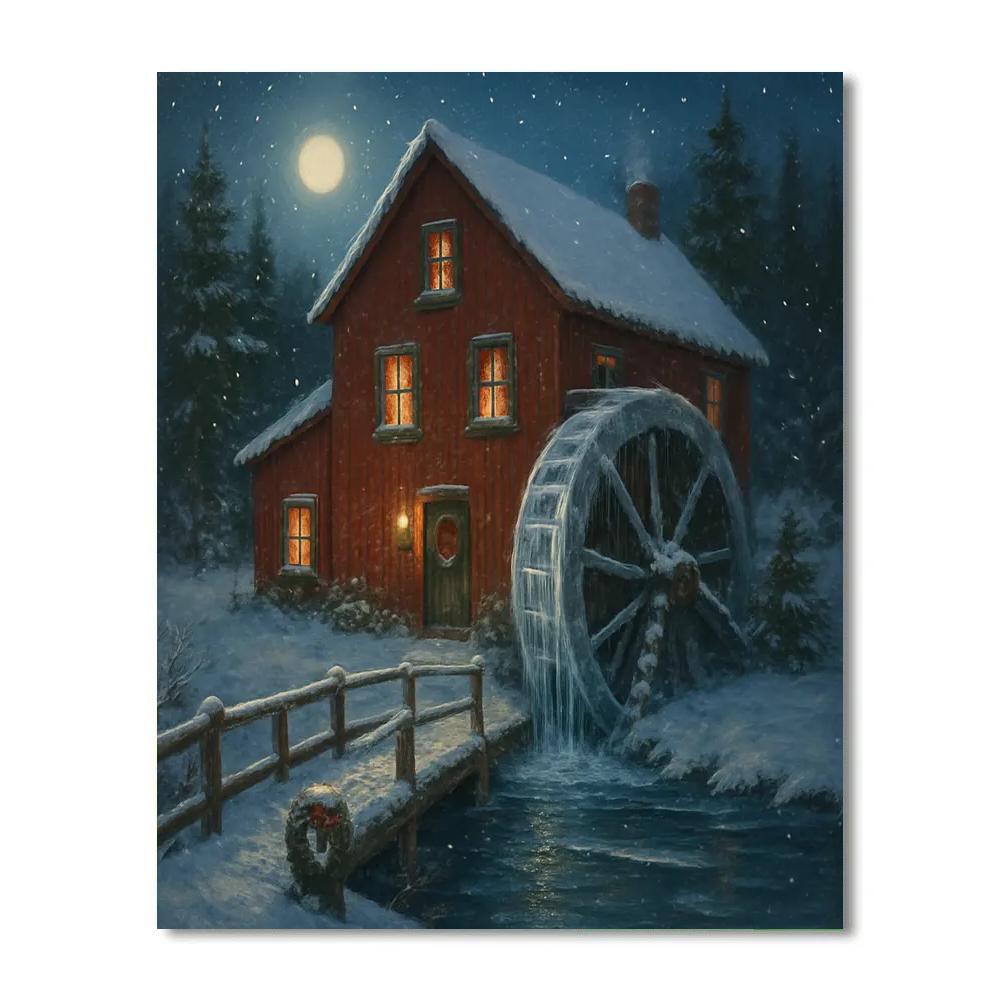 Snowy Postcard Of The Old Mill Painting by numbers kit