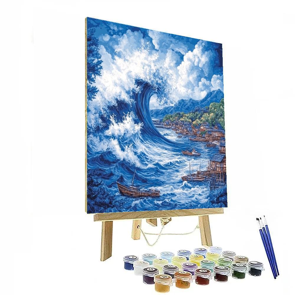 Hokusai Inspired Great Wave At Distant Harbor Paint by numbers kits