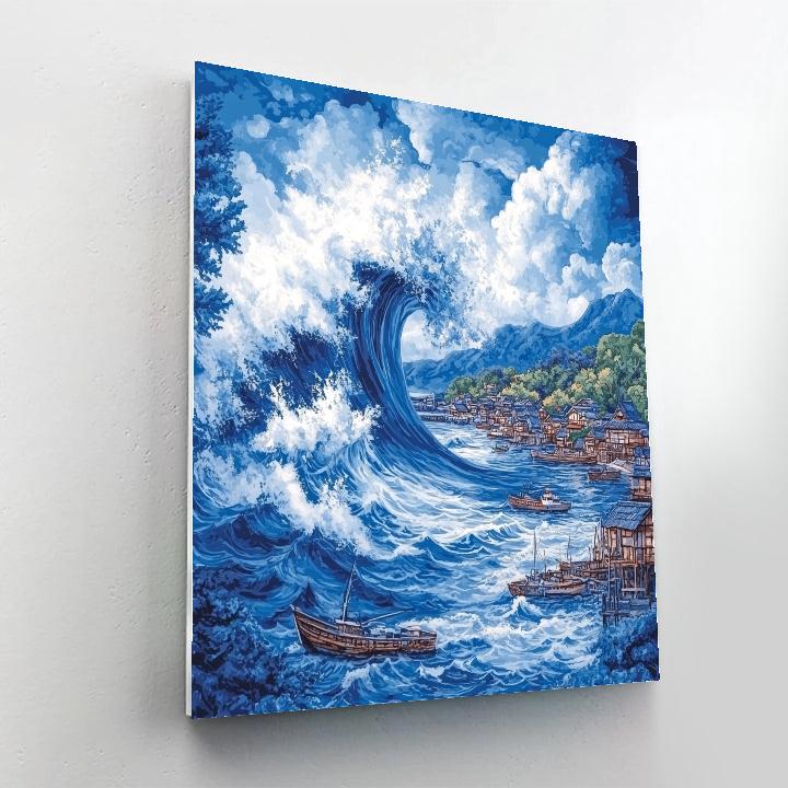 Hokusai Inspired Great Wave At Distant Harbor Paint by numbers kits