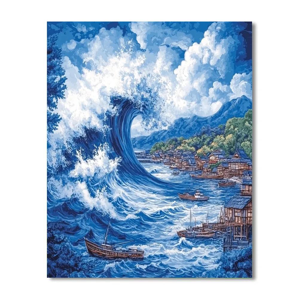 Hokusai Inspired Great Wave At Distant Harbor Paint by numbers kits