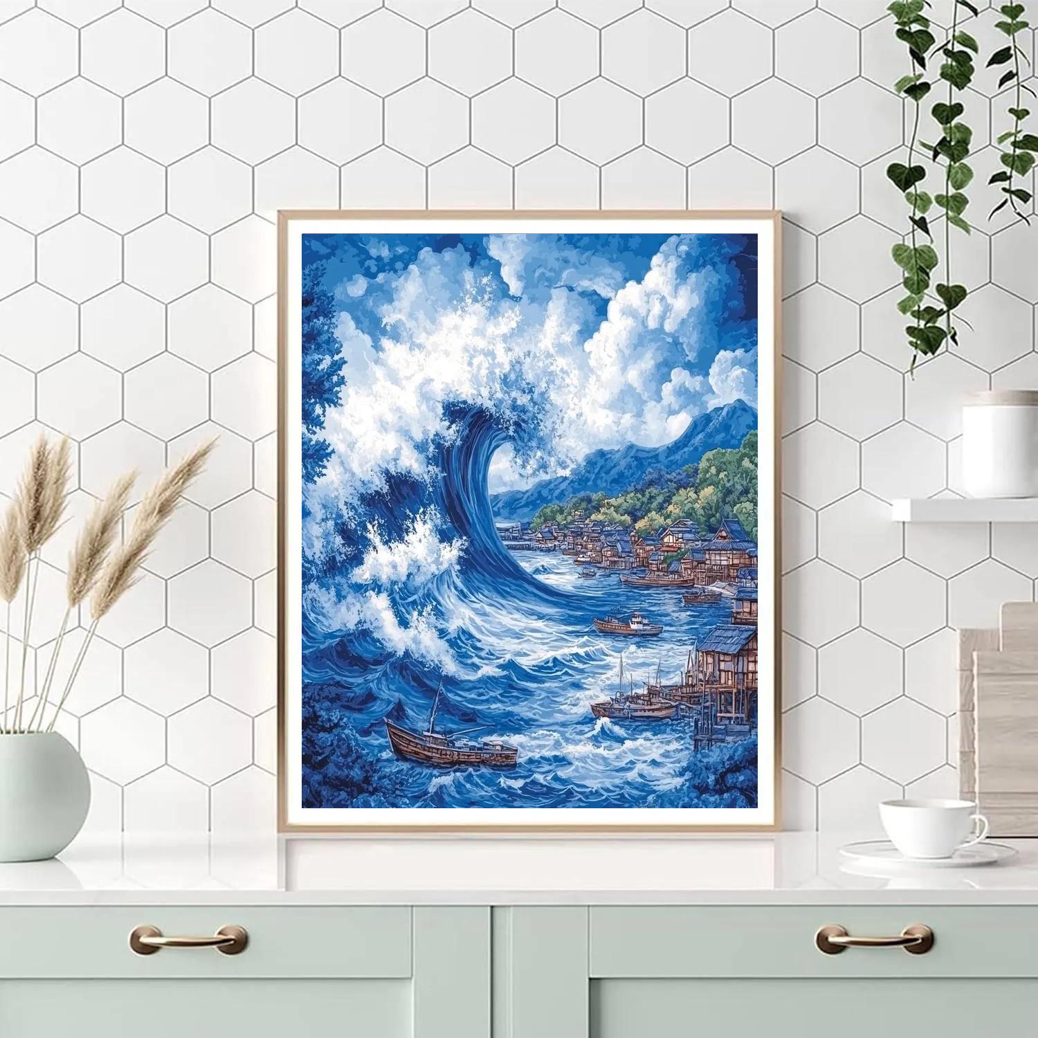 Hokusai Inspired Great Wave At Distant Harbor Paint by numbers kits