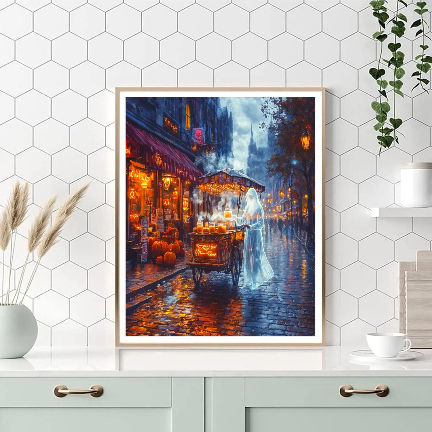 Ghostly Tea Cart Street Vendor Halloween DIY paint by numbers