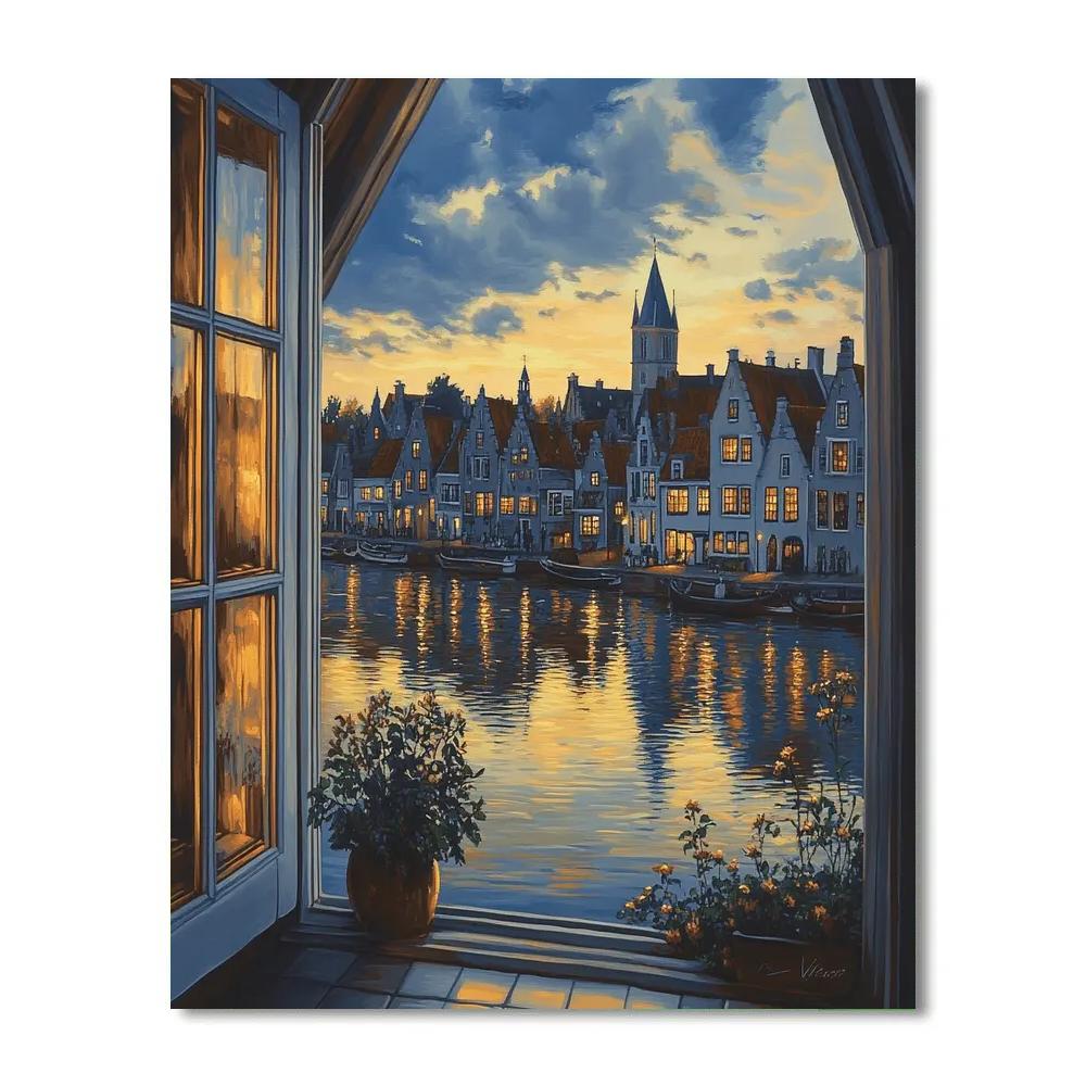 Johannes Vermeer Inspired Rooftops At Golden Dusk Number painting