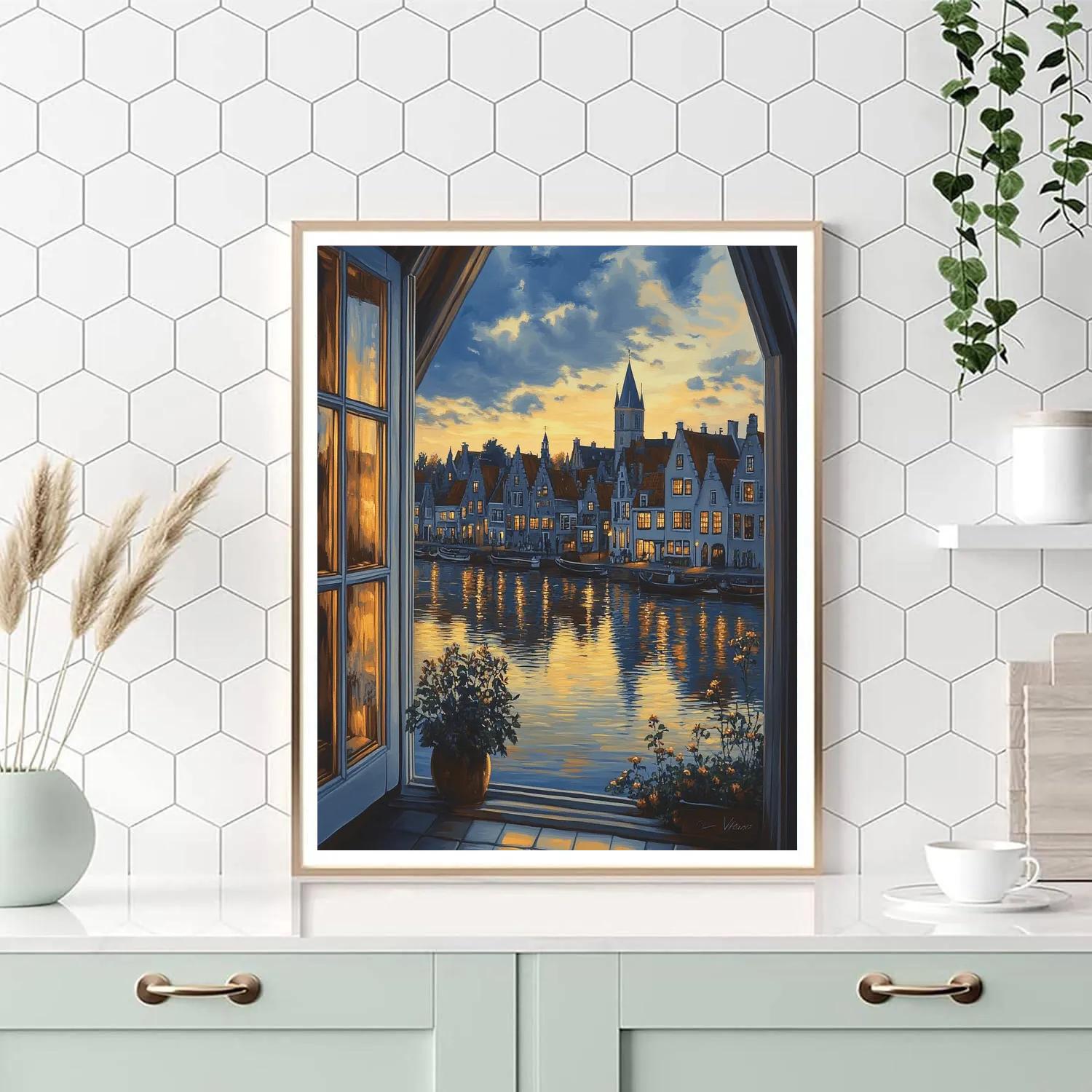 Johannes Vermeer Inspired Rooftops At Golden Dusk Number painting