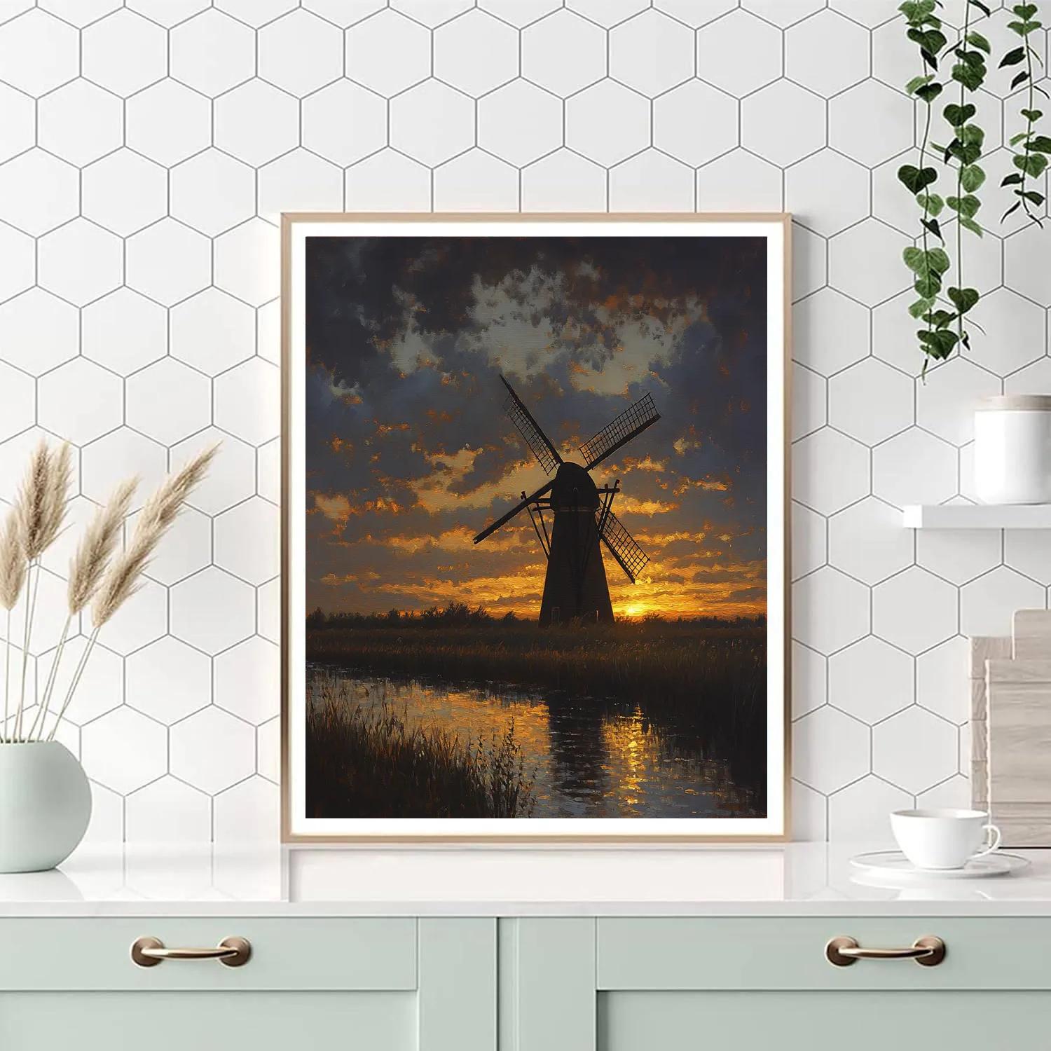 Rembrandt Inspired Windmill Silhouetted At Twilight Painting by numbers kit