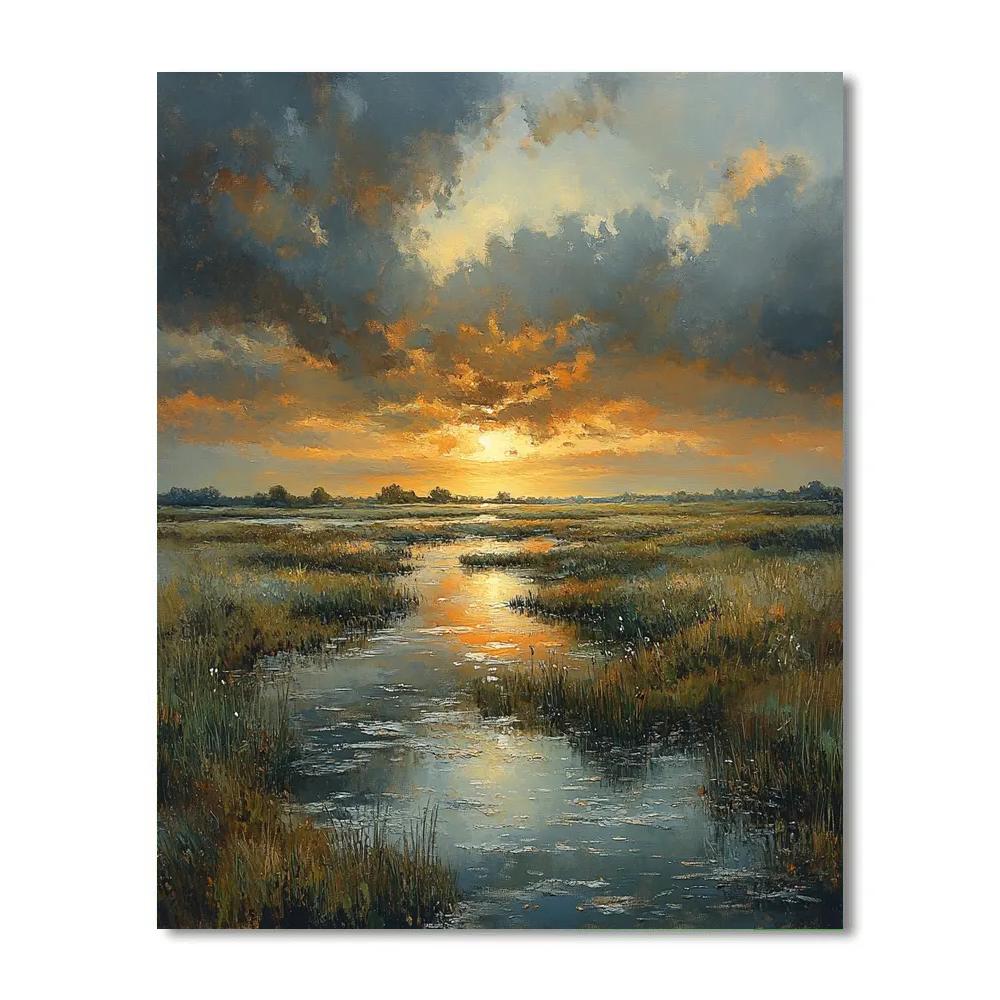 Rembrandt Inspired Twilight Over Serene Dutch Marshlands DIY paint by numbers