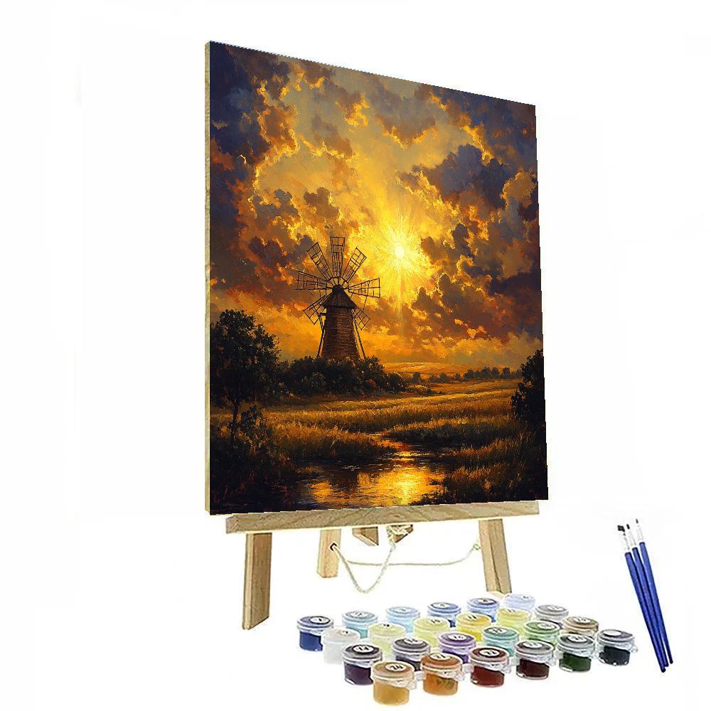 Rembrandt Inspired Radiant Sunset Behind Rustic Windmill DIY paint by numbers