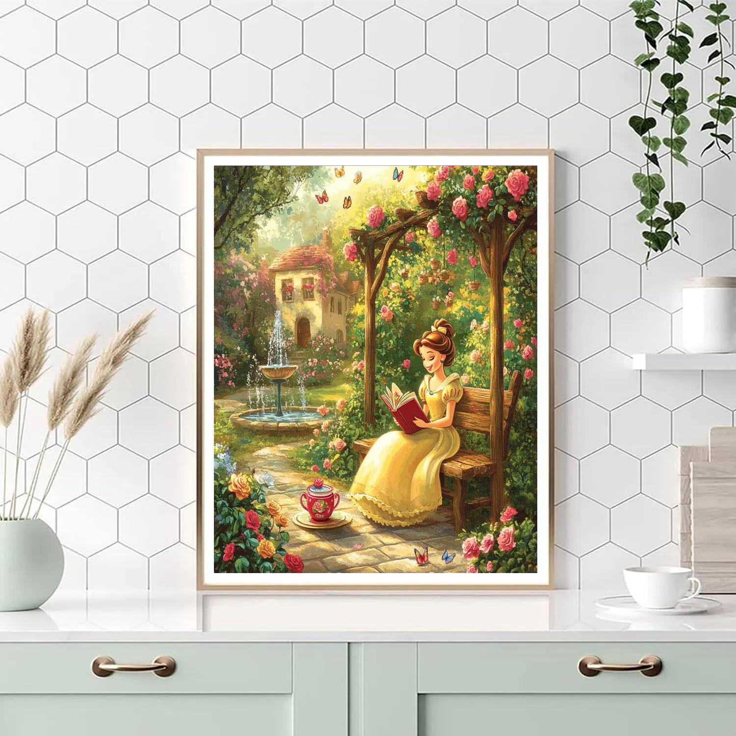 Belle Reading In Flower Garden Disney Inspired Paint by numbers art