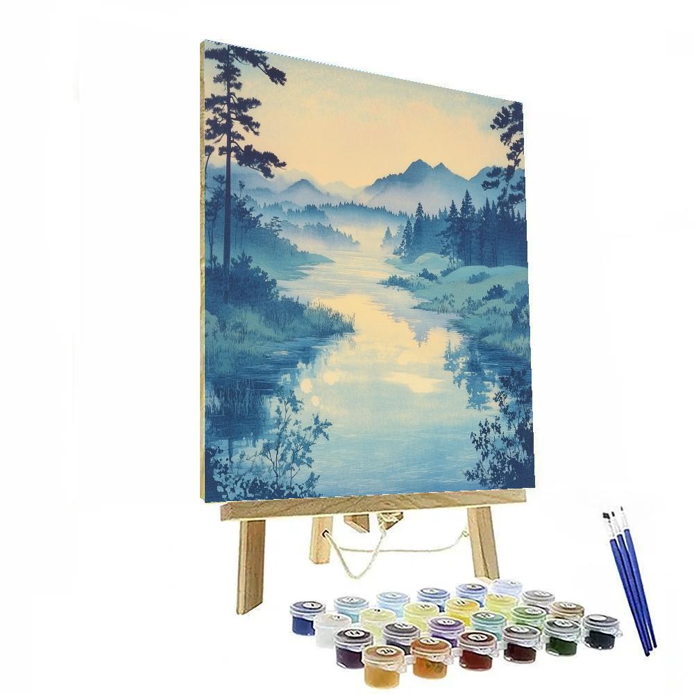 Hiroshige Inspired Tranquil River Landscape paint by number
