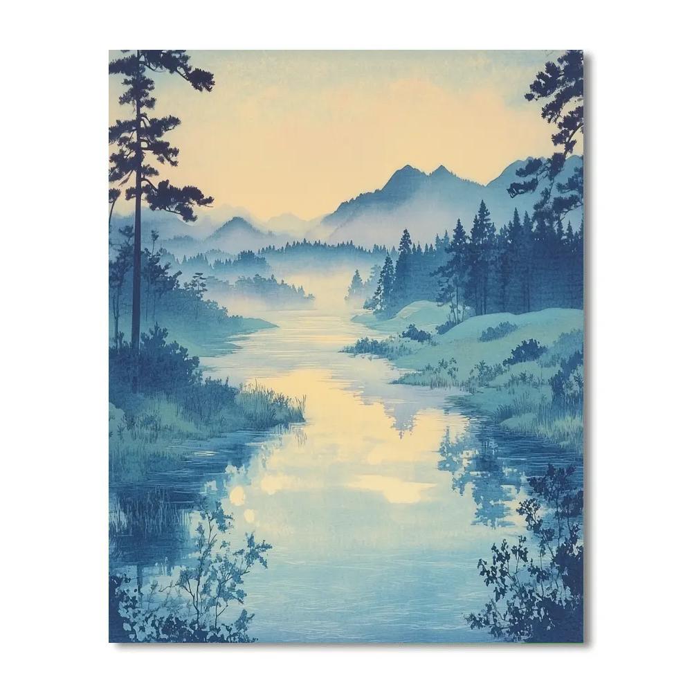 Hiroshige Inspired Tranquil River Landscape paint by number
