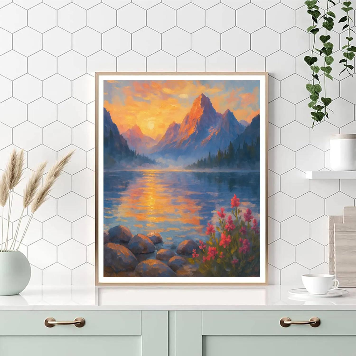 Mountain Lake With Radiant Sunrise Reflections Paint by numbers kits