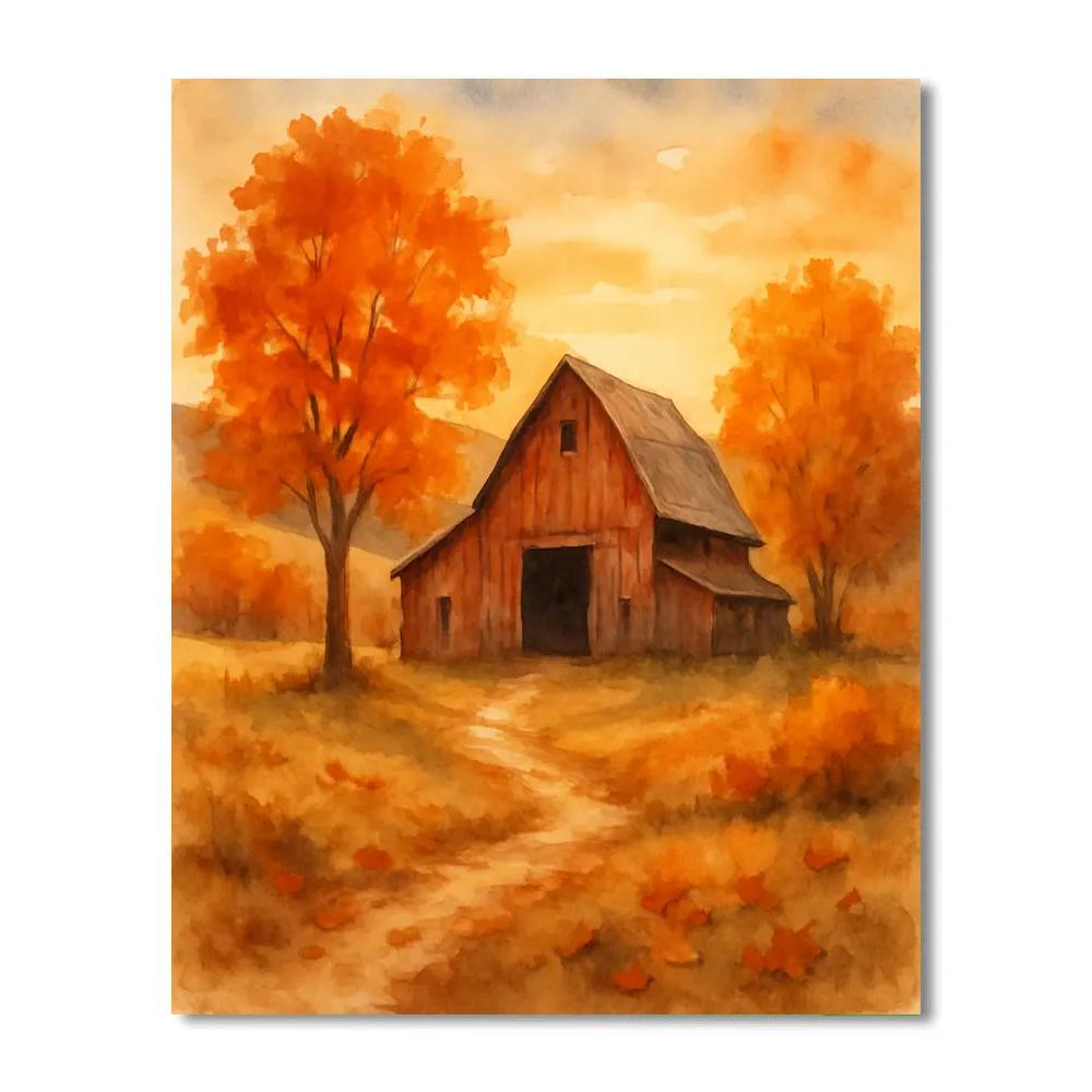 Rustic Countryside Barn In Warm Autumn Light Paint by numbers art