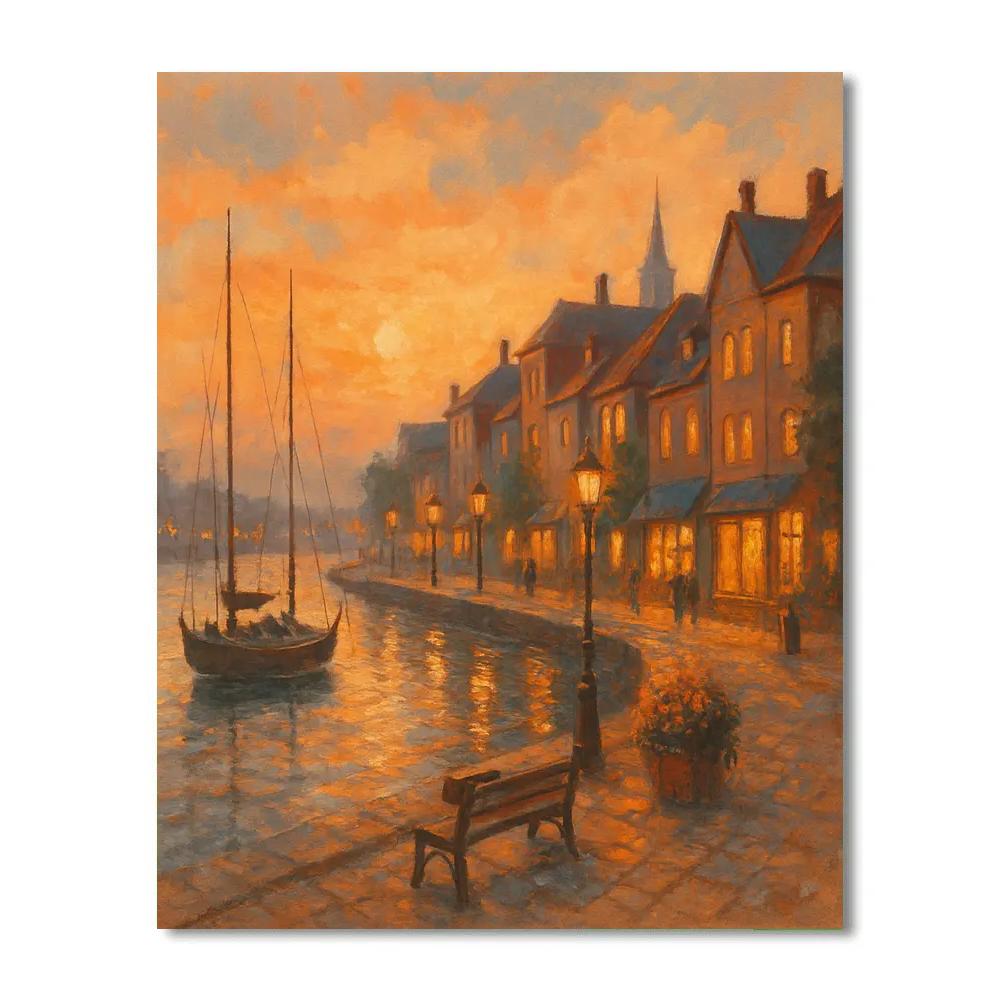 Sunset Glow Over Cozy Harbor Town Paint by numbers kits