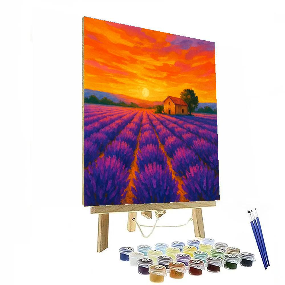 Lavender Fields Under A Golden Sunset Sky Number painting