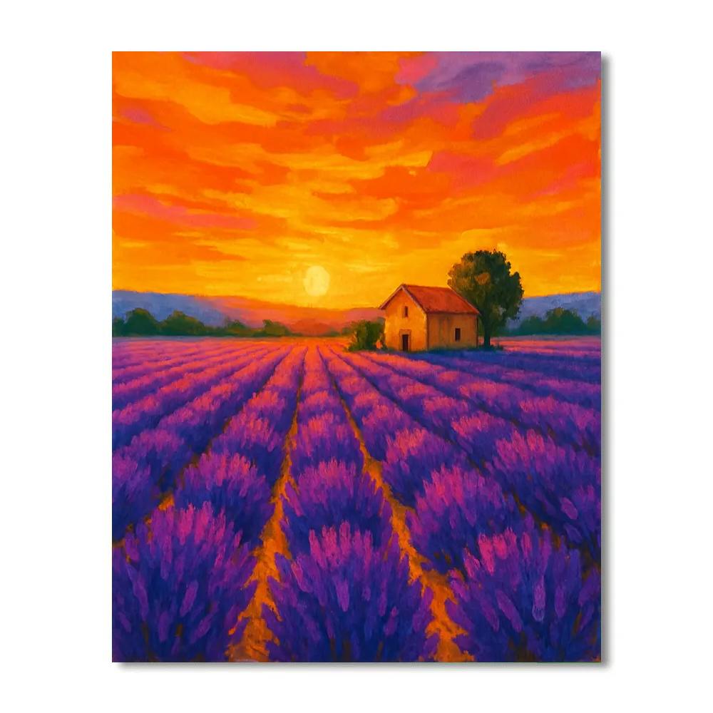 Lavender Fields Under A Golden Sunset Sky Number painting