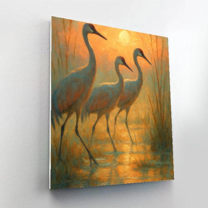 Golden Crane Sunrise Passage Number painting