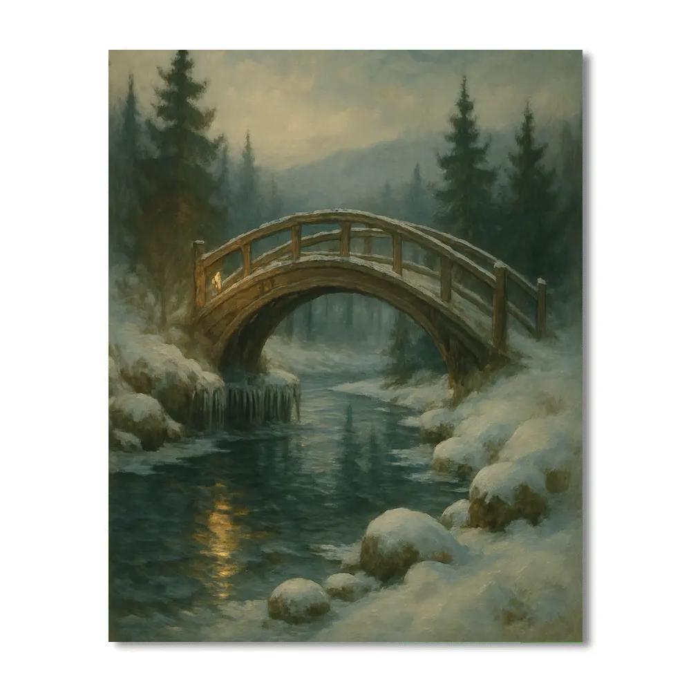 Bridge Over Winter Stream Landscape Art Painting by numbers kit