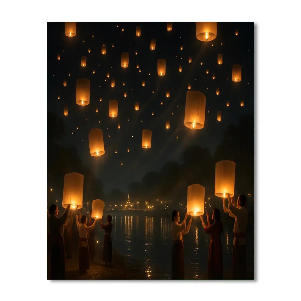 Yi Peng Lantern Release Over River Number painting