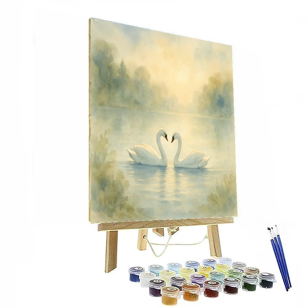 Swans Gliding Through Morning Glow paint by color