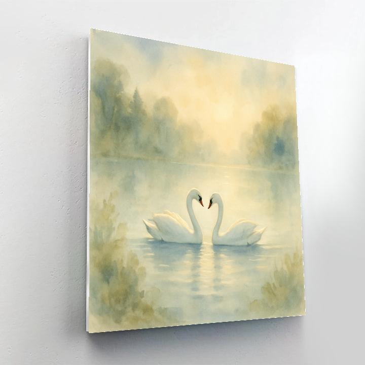 Swans Gliding Through Morning Glow paint by color
