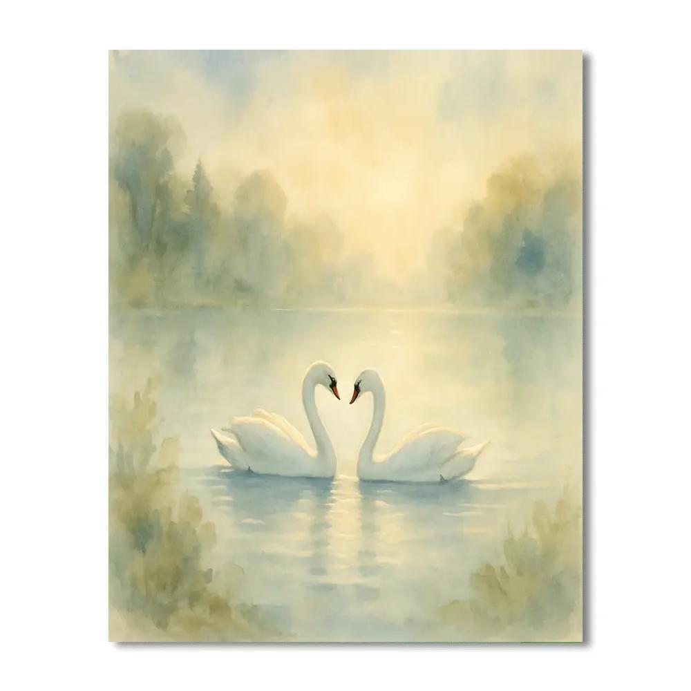 Swans Gliding Through Morning Glow paint by color