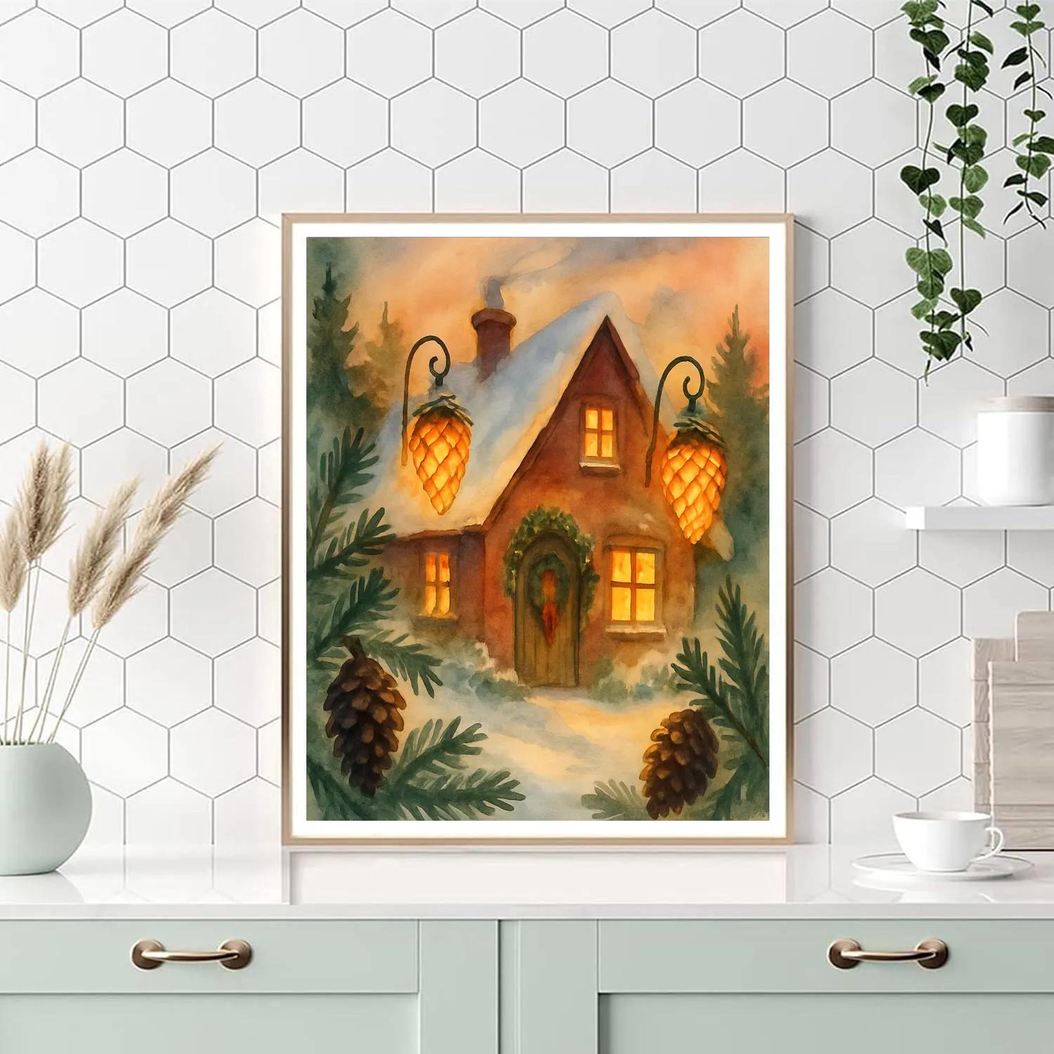 Pinecone Lantern Cottage Number painting