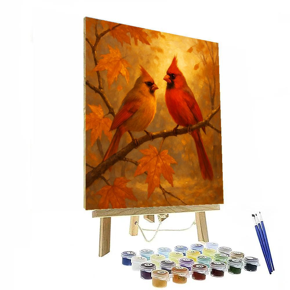 Cardinals In Cozy Amber Branches Paint by numbers art