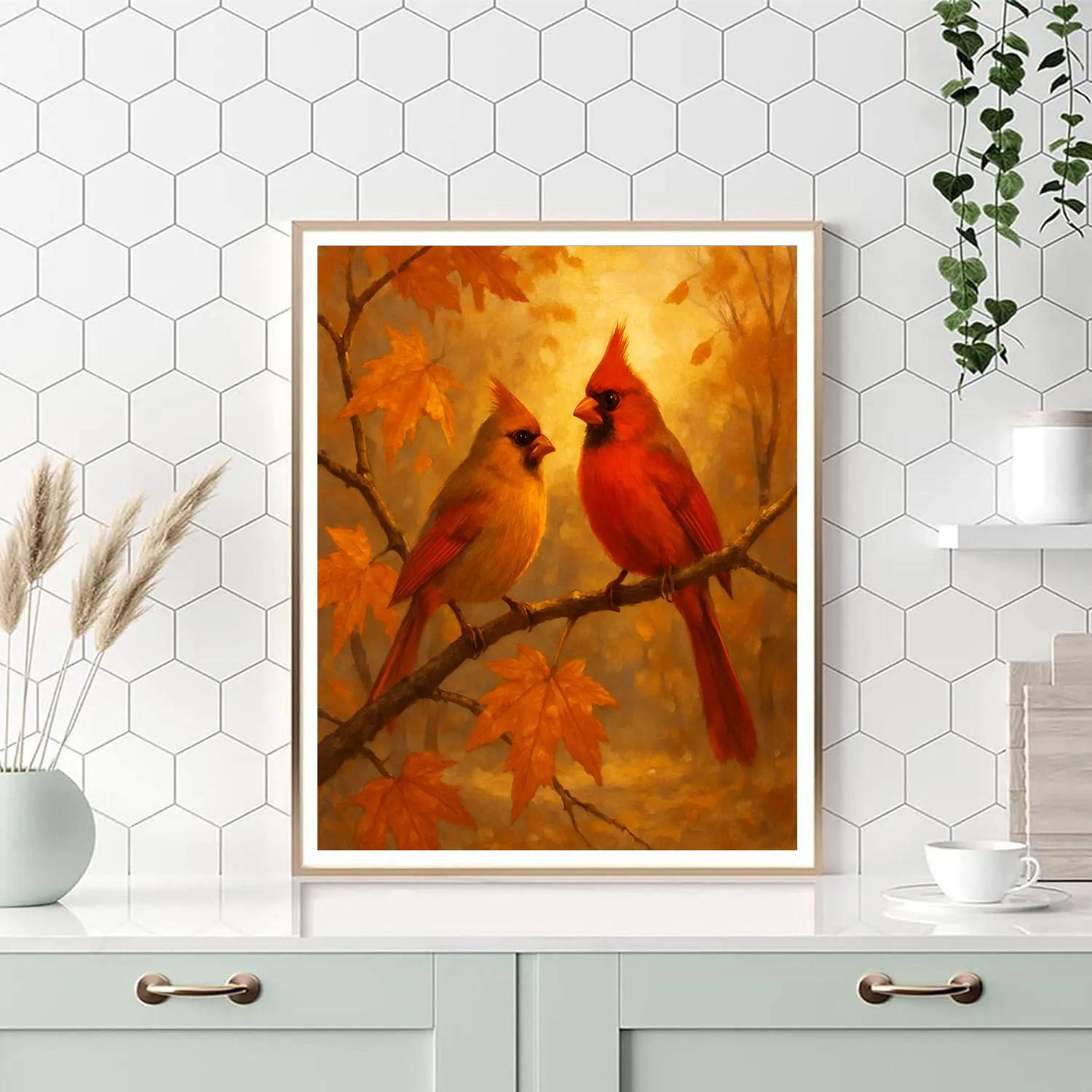 Cardinals In Cozy Amber Branches Paint by numbers art