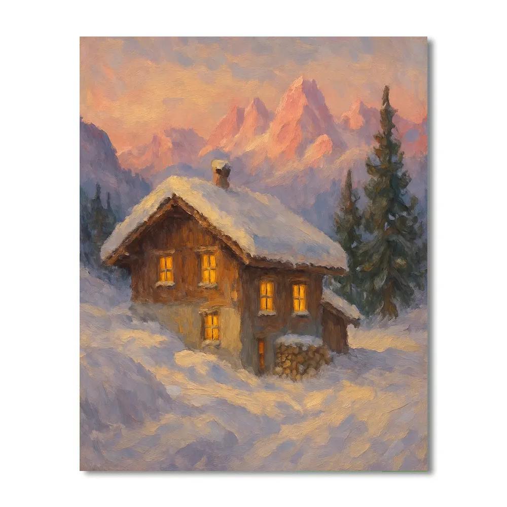 Alpine Chalet At Rosy Dusk paint by number