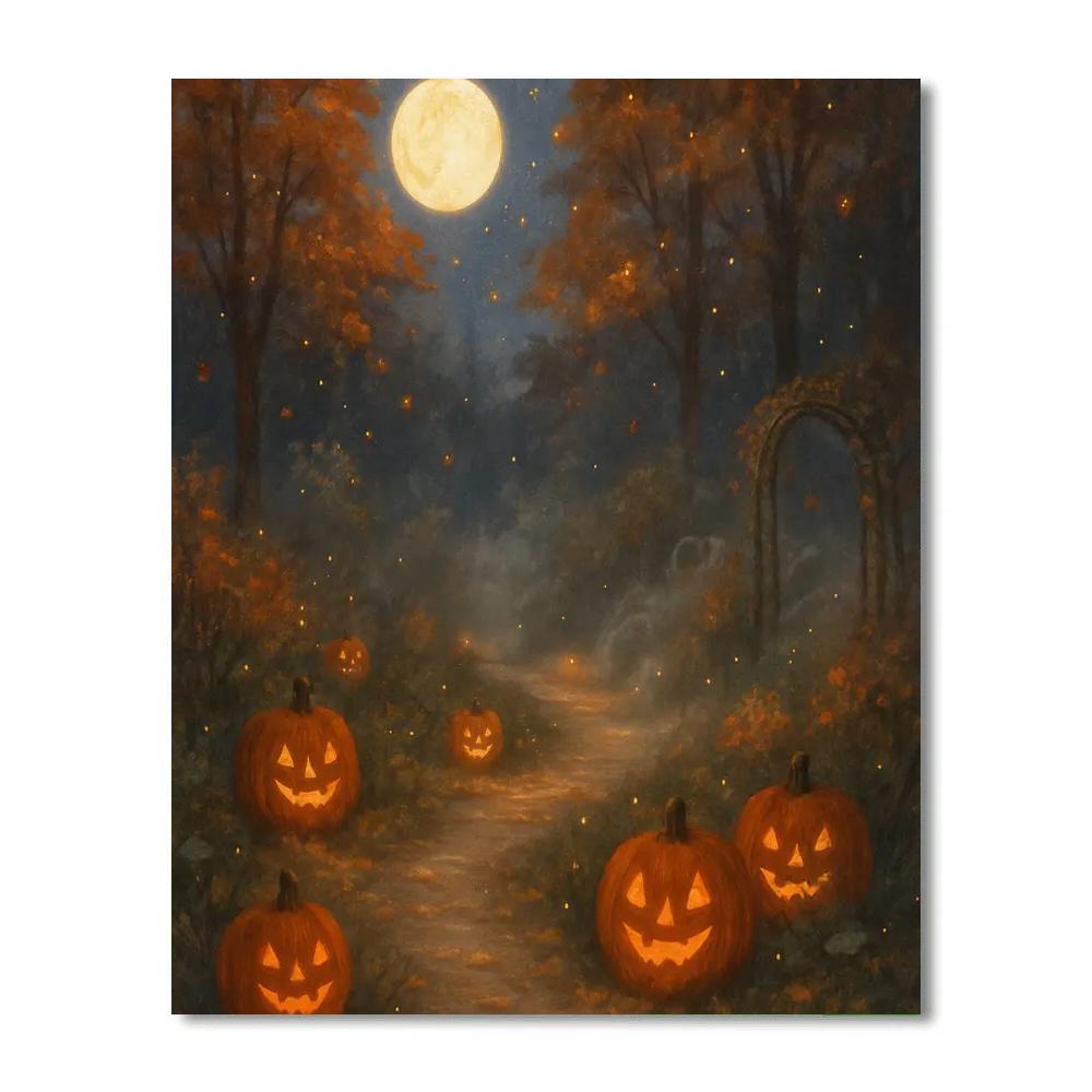 Moonlit Pumpkin Pathway In Autumn Glow paint by number