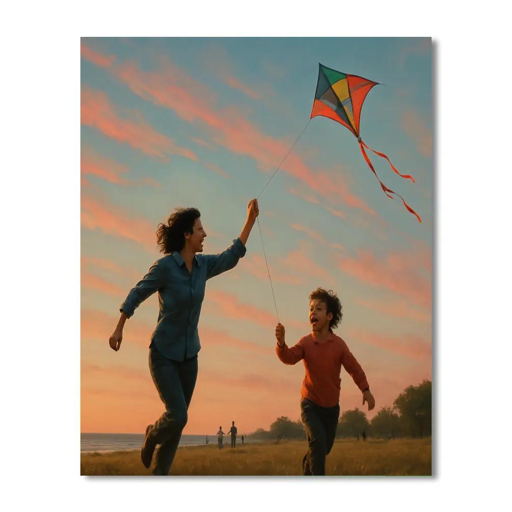 Mother And Child Kite Flying At Dusk Painting by numbers kit