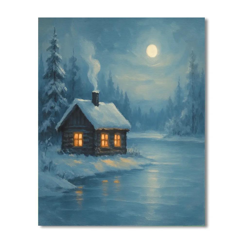 Winter Cabin With Frosted Lake View DIY paint by numbers