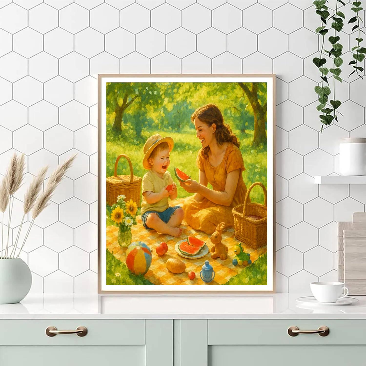 Sunlit Picnic With Mother And Child paint by number