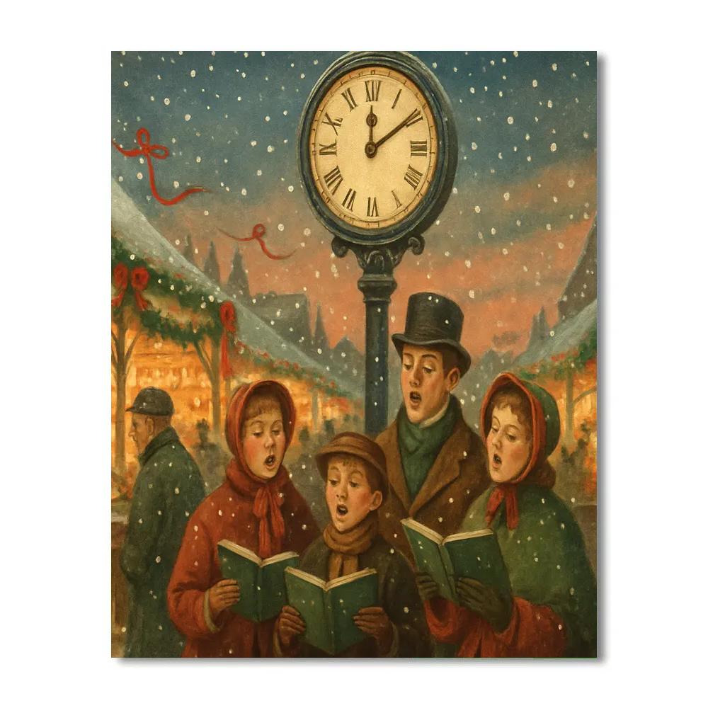 Snowy Market Clock Carolers DIY paint by numbers