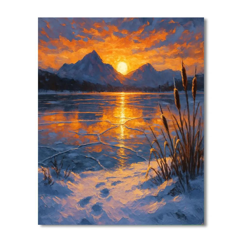 Frozen Lake With Golden Sunset Reflection paint by number
