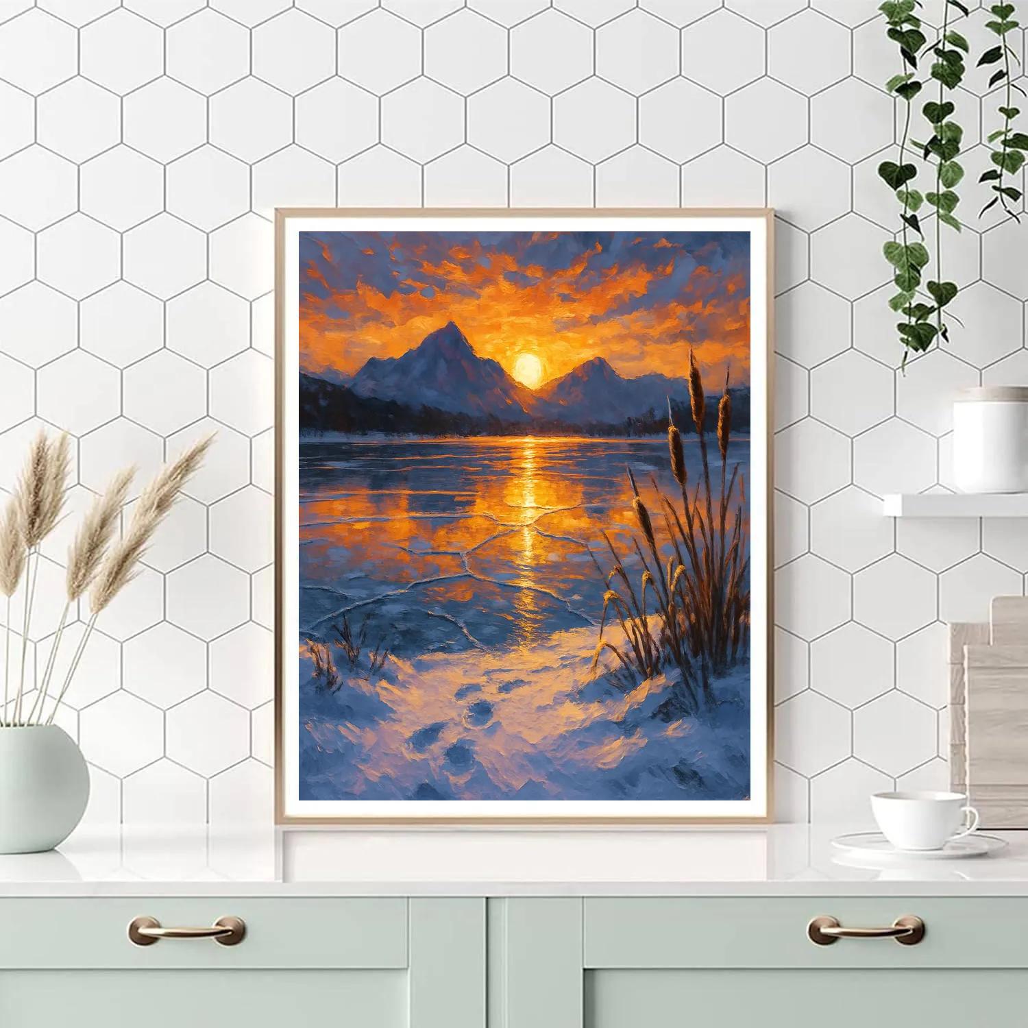 Frozen Lake With Golden Sunset Reflection paint by number