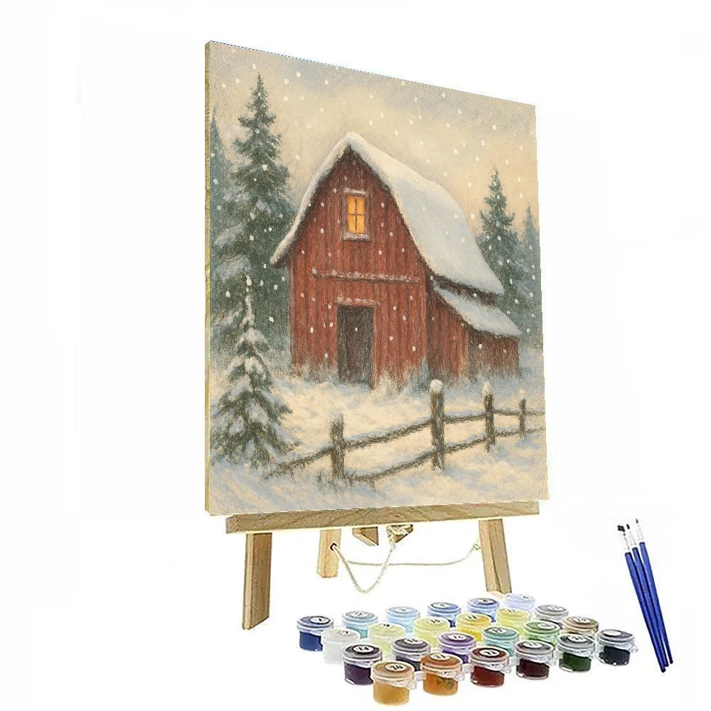Red Barn Under Quiet Snowfall paint by numbers