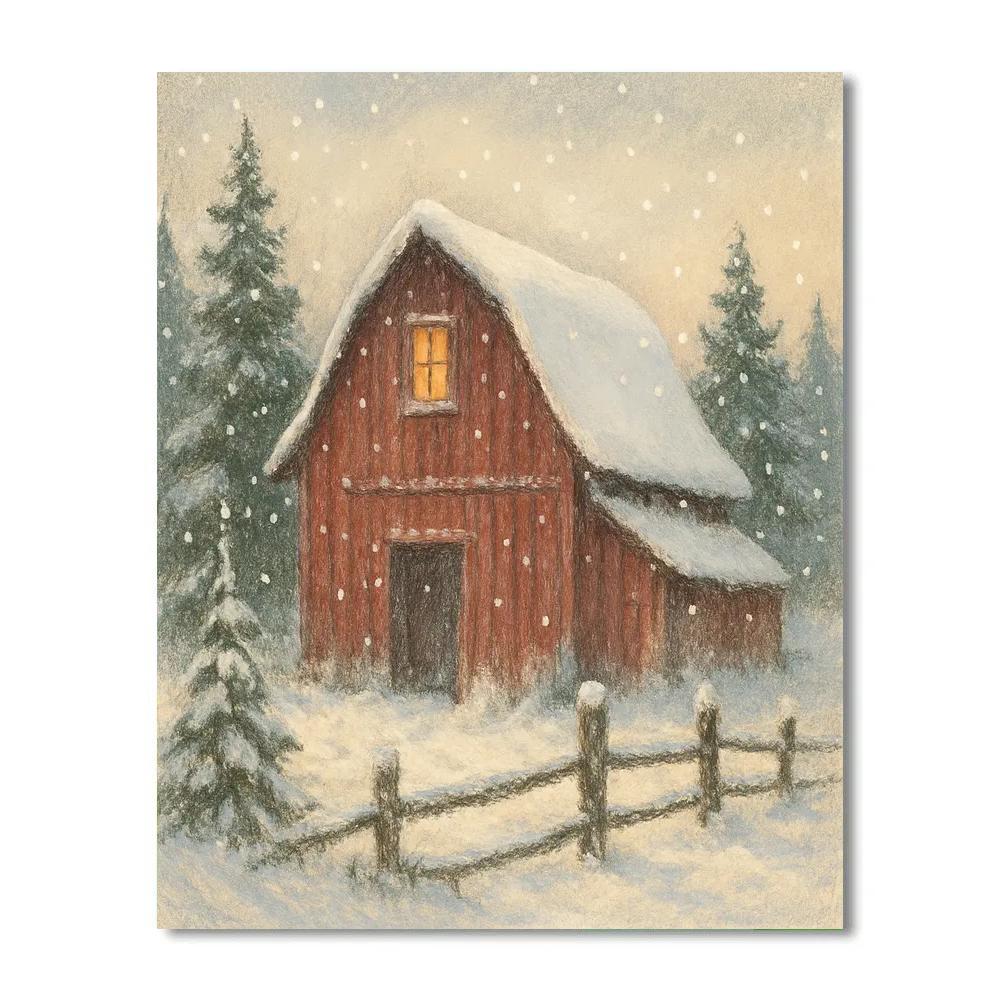Red Barn Under Quiet Snowfall paint by numbers