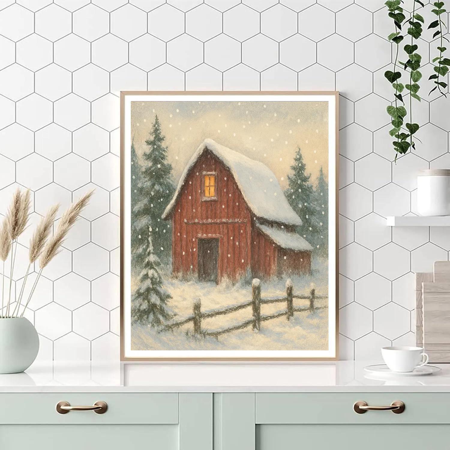 Red Barn Under Quiet Snowfall paint by numbers