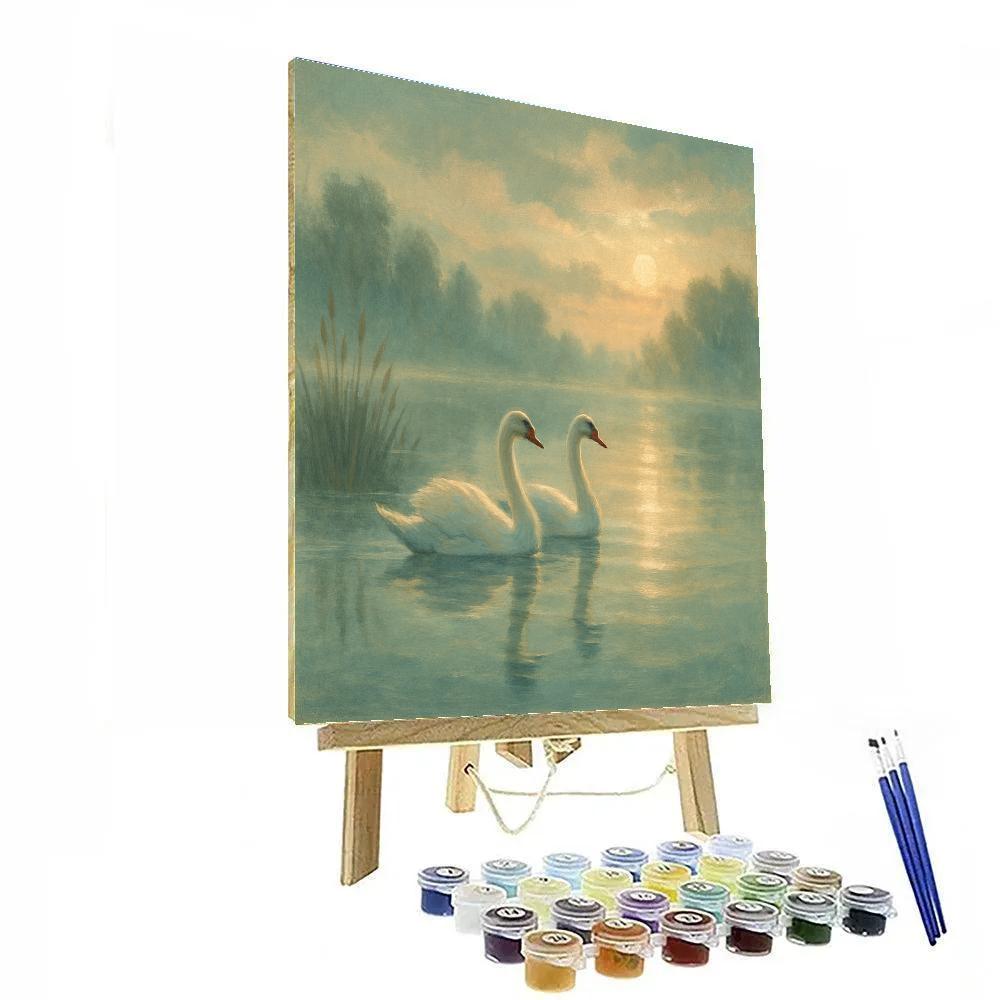 Swans In Misty Lake Glow Number painting