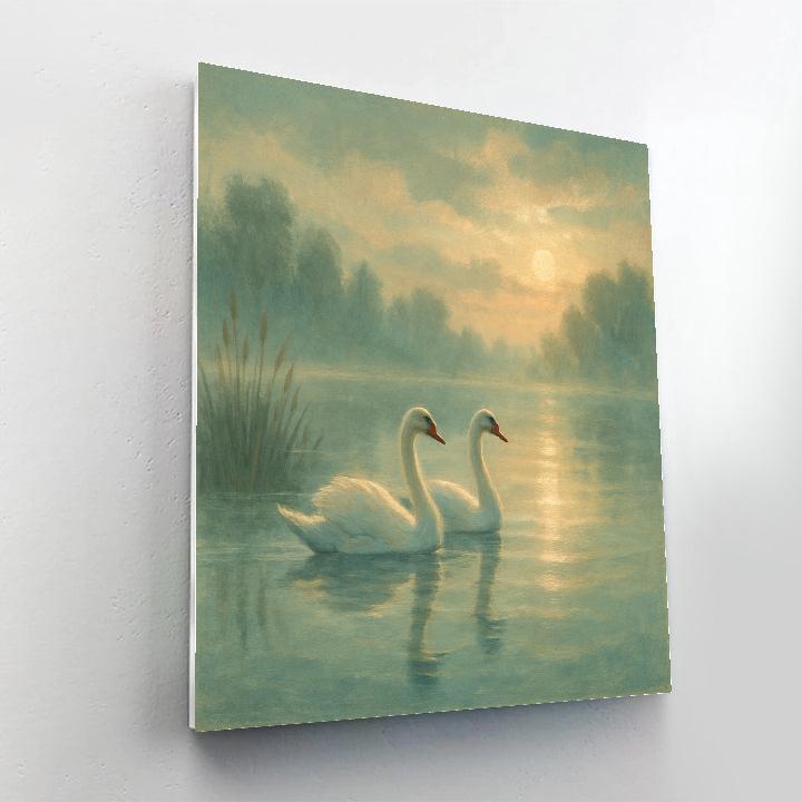 Swans In Misty Lake Glow Number painting