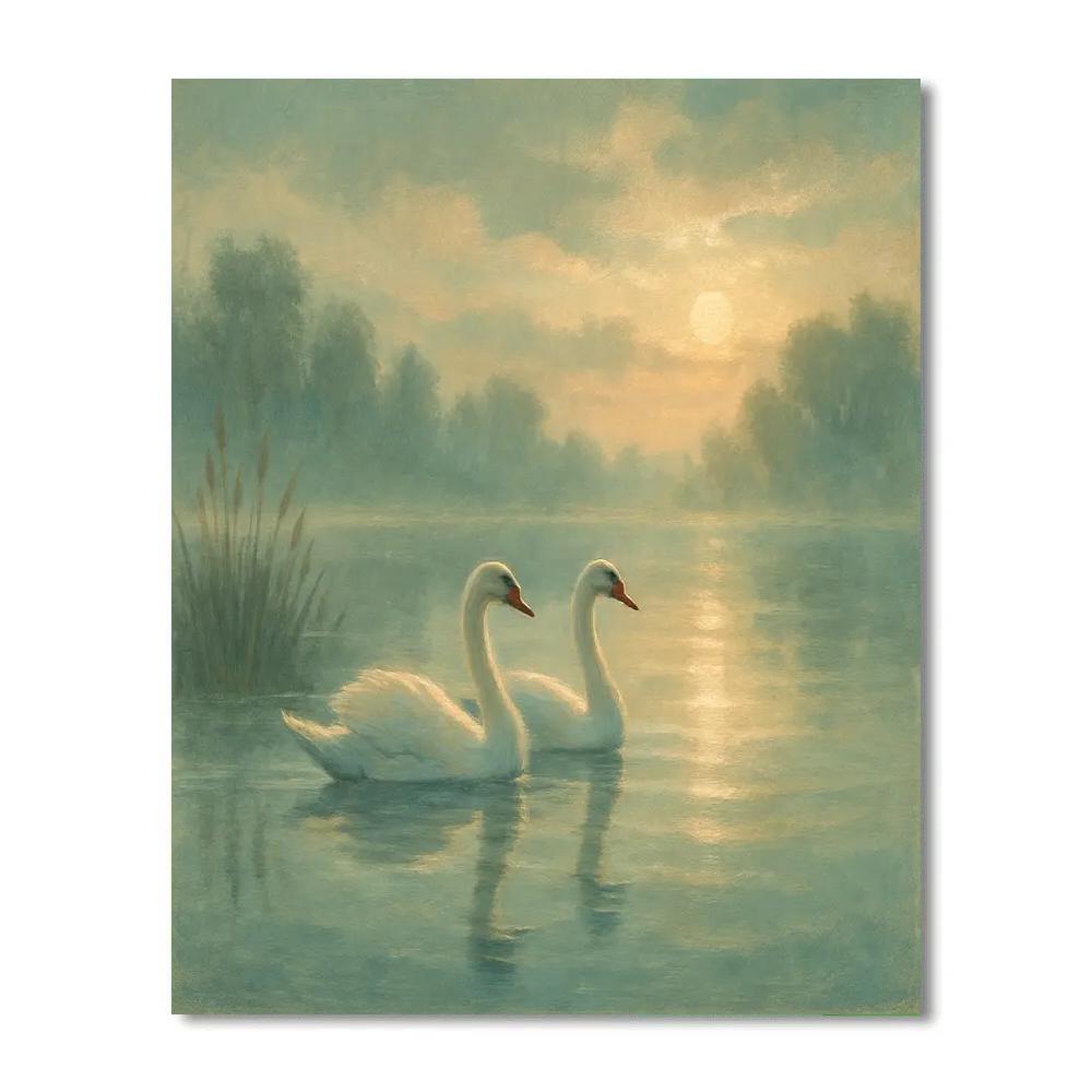 Swans In Misty Lake Glow Number painting
