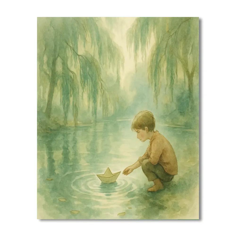 Misty Willow Pond Cozy Scene paint by numbers