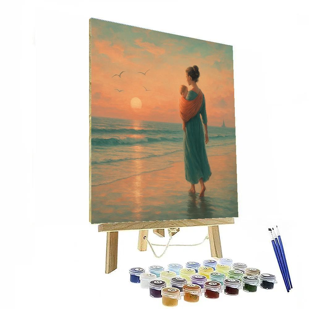 Seaside Sunset Walk With Mom And Baby Painting by numbers kit