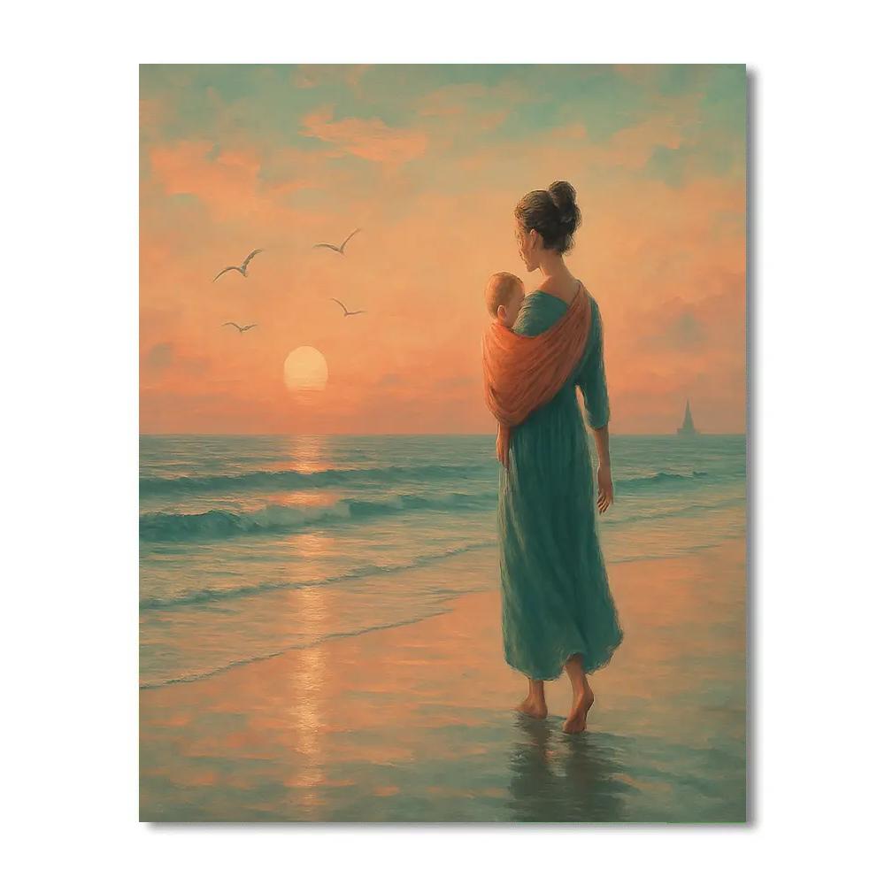 Seaside Sunset Walk With Mom And Baby Painting by numbers kit